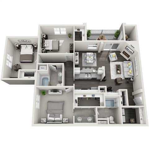A 3D floor plan of a house with two bedrooms, a living room, a kitchen, and a bathroom.