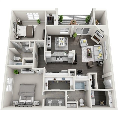 A 3D floor plan of a small apartment with a kitchen, living room, and bathroom.