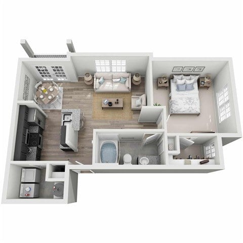 A 3D floor plan of a small apartment with a kitchen, living room, and two bedrooms.