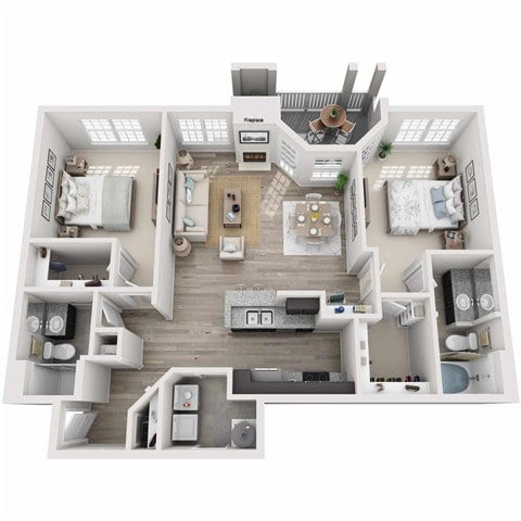 A top-down view of a small apartment with two bedrooms, a living room, and a kitchen.
