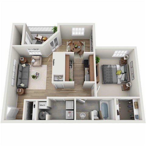 A 3D floor plan of a house showing a kitchen, living room, dining room, and two bedrooms.