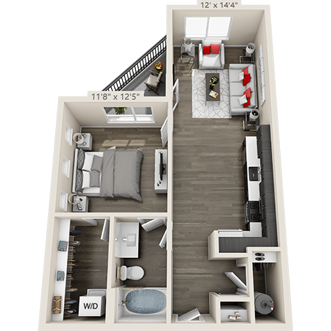 A 11'8" x 12'5" floor plan of an apartment with a living room, kitchen, and bathroom.