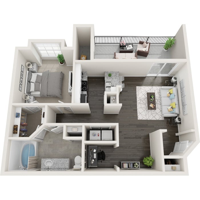 A 3D floor plan of a small apartment with a kitchen, living room, and bathroom.