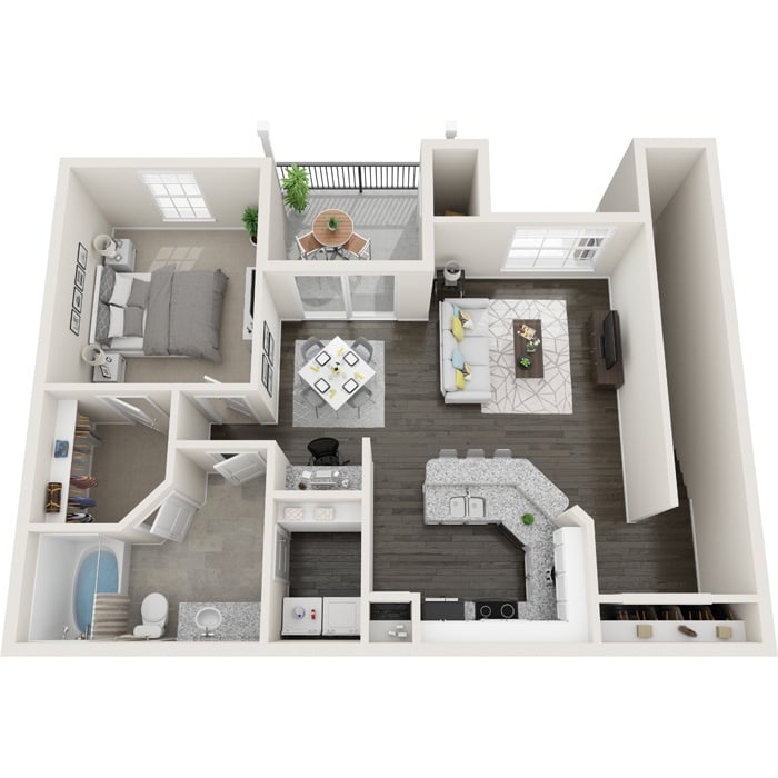 A 3D floor plan of a small apartment with a kitchen, living room, and bedroom.