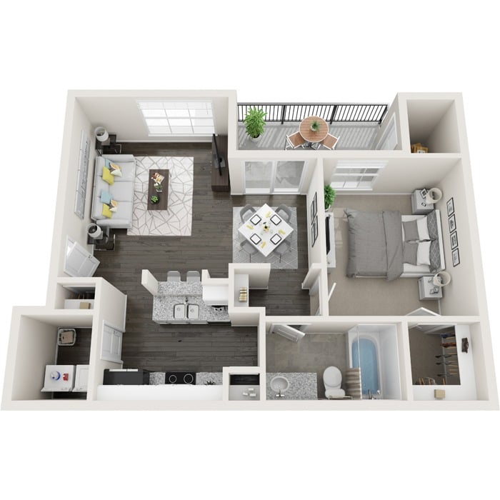 A top-down view of a modern apartment layout.