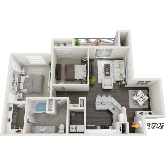 A top down view of a house interior with a garage entrance.