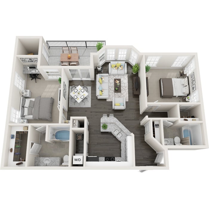 A 3D floor plan of a house with a living room, kitchen, dining room, and bedrooms.