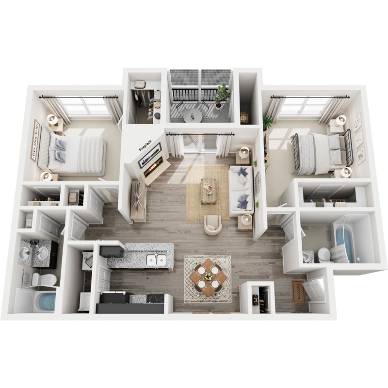 A top-down view of a modern, white-walled apartment with a kitchen, living room, and bathroom.