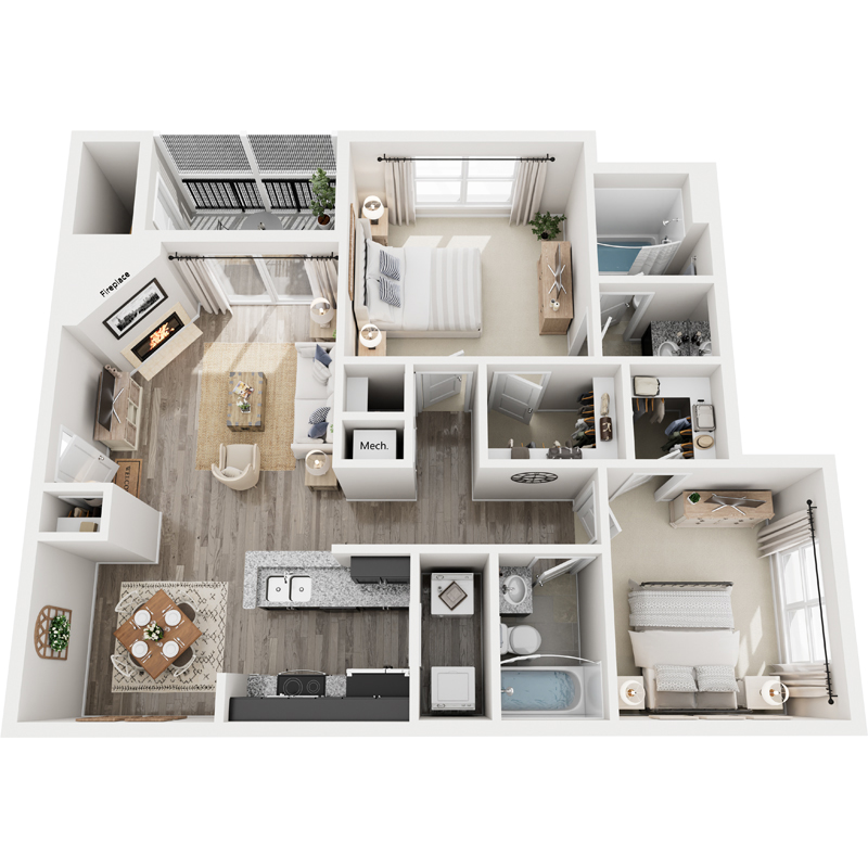 A top-down view of a small apartment with a kitchen, living room, and bathroom.