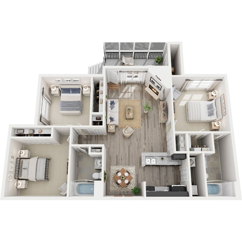 A 3D floor plan of a house with a kitchen, living room, and bedrooms.