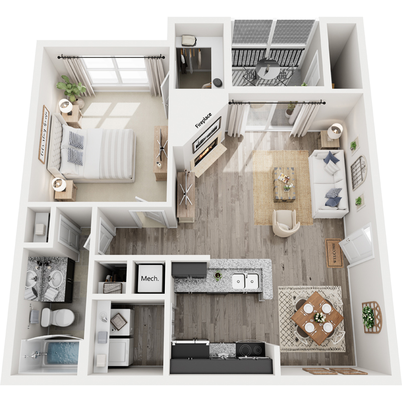 A top-down view of a small apartment with a bedroom, living room, kitchen, and bathroom.
