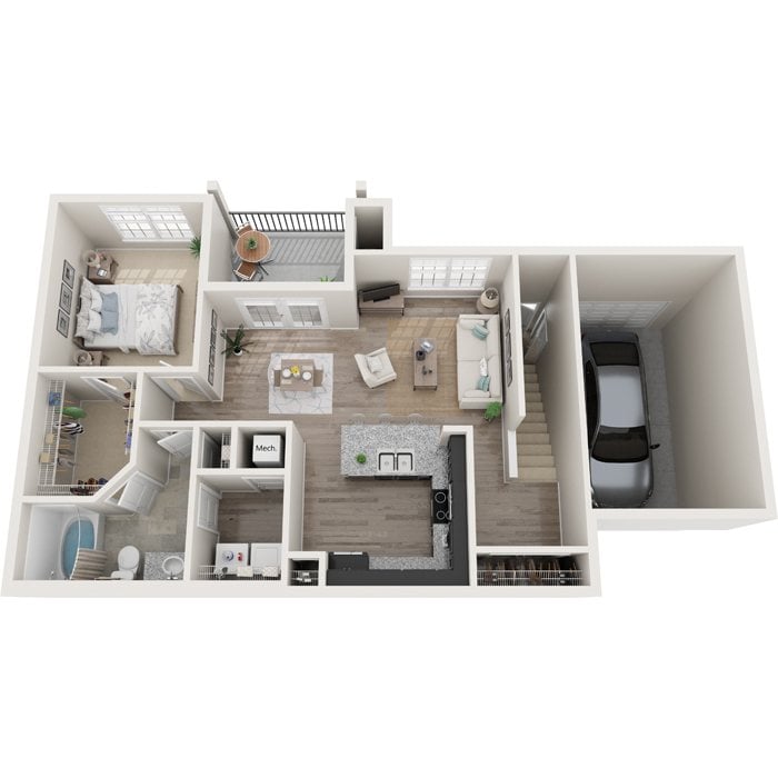 A top-down view of a small apartment layout with a kitchen, living room, and bedroom.