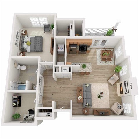 A 3D floor plan of a house with multiple rooms and furniture.