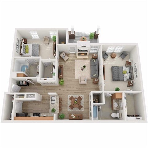 A 3D floor plan of a house with a kitchen, living room, dining room, and two bedrooms.