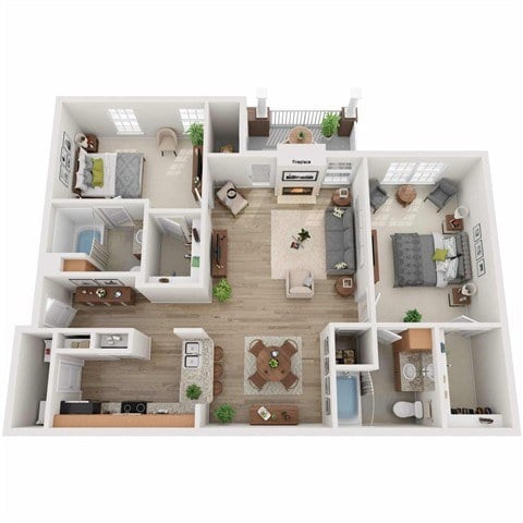 A 3D floor plan of a small apartment with a living room, kitchen, and two bedrooms.