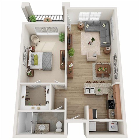 A top-down view of a small apartment with a kitchen, living room, and bathroom.