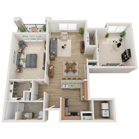 A 3D floor plan of a house with a living room, kitchen, and two bedrooms.