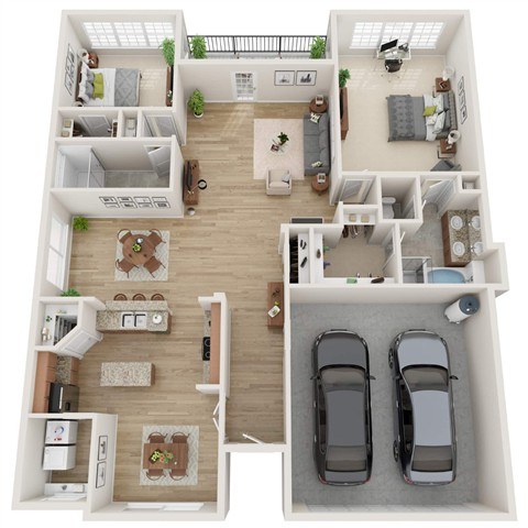 A top-down view of a house with two bedrooms, two bathrooms, a living room, a kitchen, a dining room, and two parking spaces.