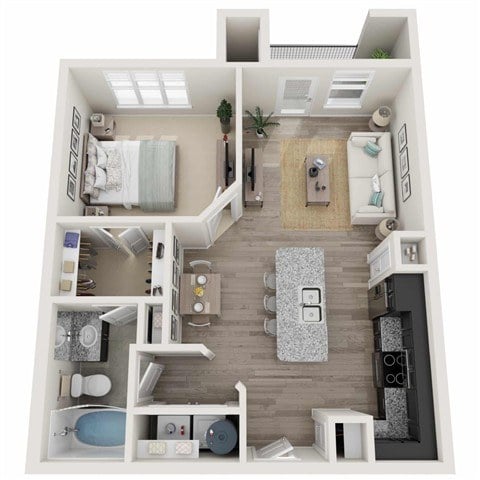 A 3D floor plan of a small apartment with a bedroom, living room, kitchen, and bathroom.