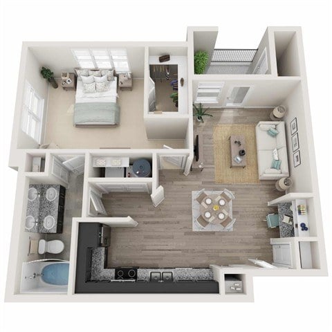 A 3D floor plan of a small apartment with a bedroom, living room, kitchen, and bathroom.