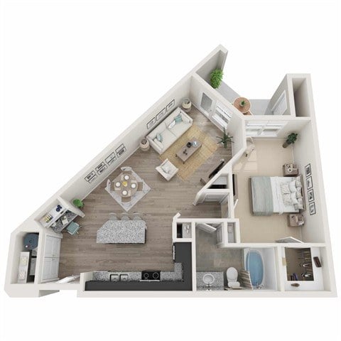 A detailed 3D floor plan of a two-bedroom apartment.