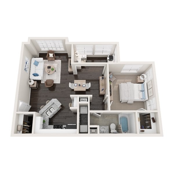 A top-down view of a well-organized apartment with a kitchen, living room, and bathroom.