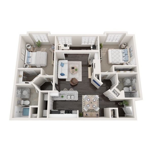 A 3D floor plan of a house with a kitchen, living room, and two bedrooms.