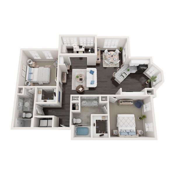 A 3D floor plan of a house layout.