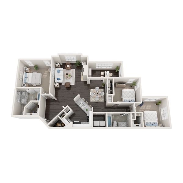 A 3D floor plan of a house with multiple rooms and furniture.