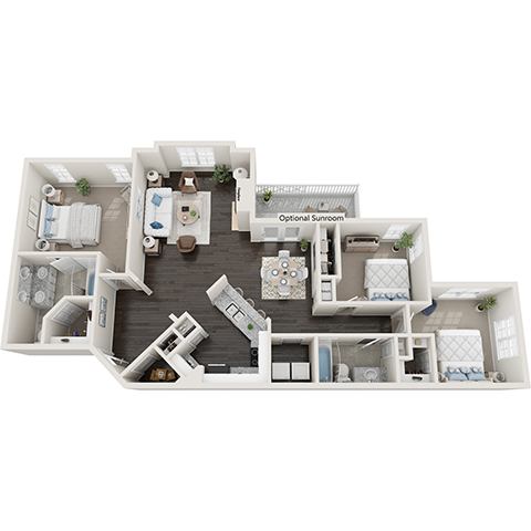 A floor plan of a house with a living room, dining room, kitchen, and optional sunroom.