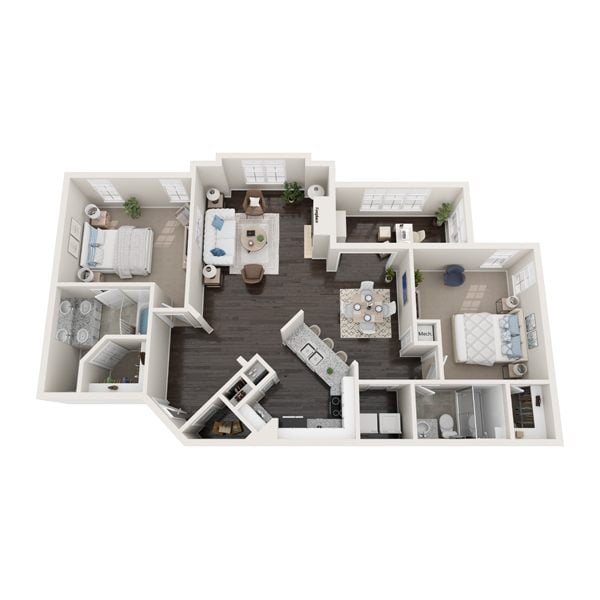 A 3D floor plan of a house with a kitchen, living room, and two bedrooms.