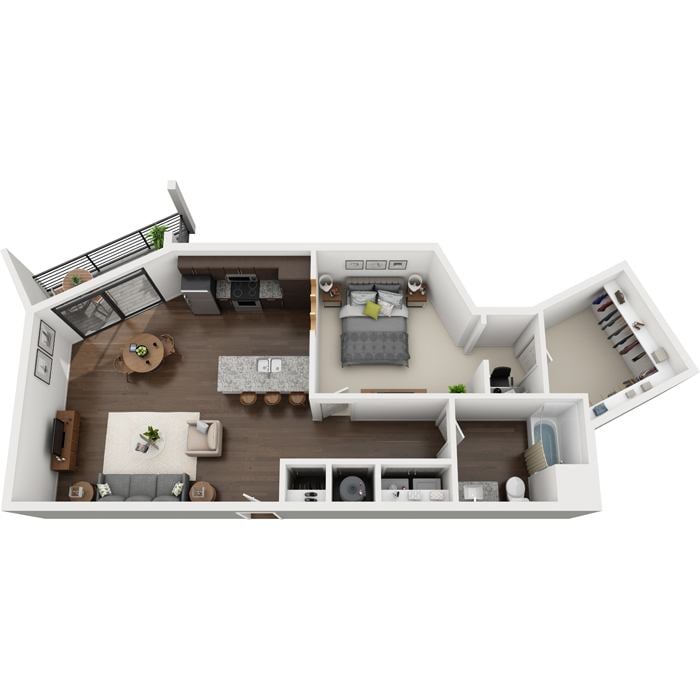 A 3D rendered image of a modern apartment layout.
