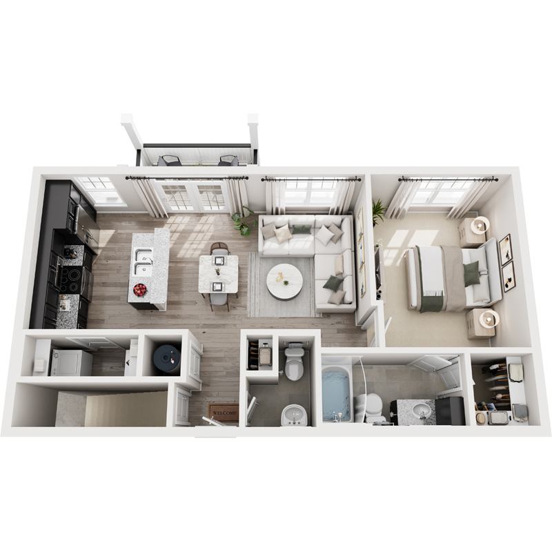 A top-down view of a modern apartment layout.