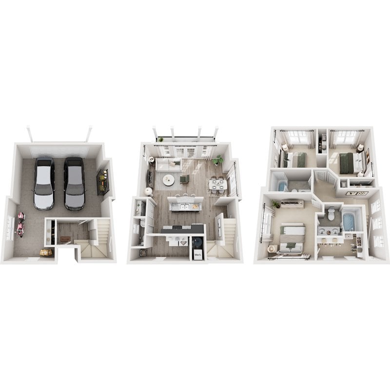 Three different floor plans of a house with two bedrooms and a garage.