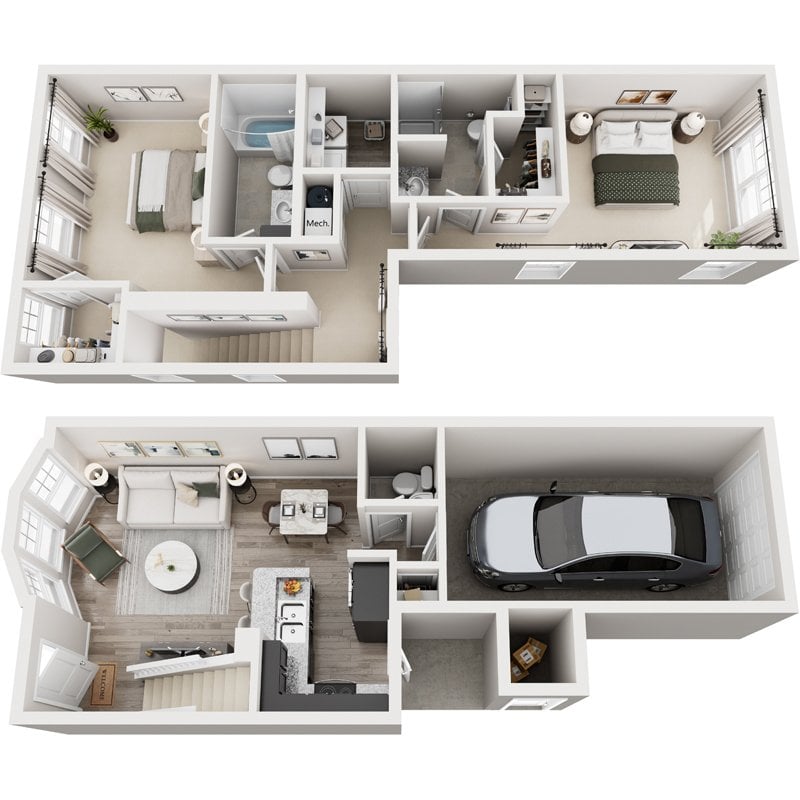 A top-down view of a small apartment layout with a kitchen, living room, and bedroom.