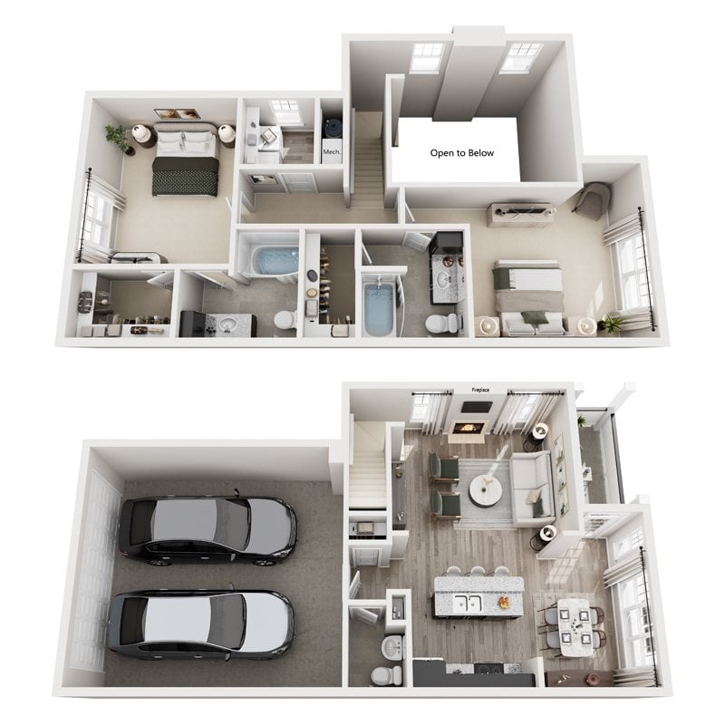 A diagram of a two-story house with a car parked in the garage.