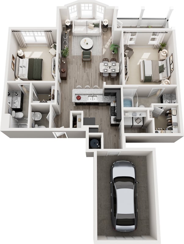 A top-down view of a house layout with a car parked in the garage.
