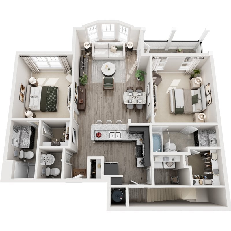 A 3D floor plan of a house with multiple rooms and furniture.