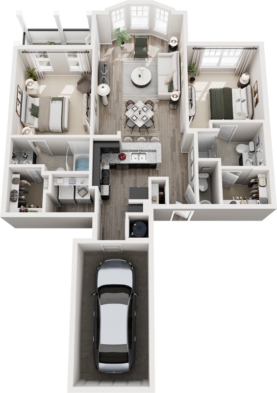 A top down view of a house with a car parked in the driveway.