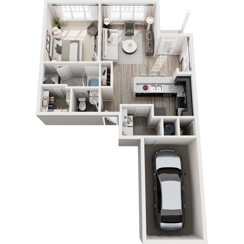 A car is parked in a garage attached to a house.