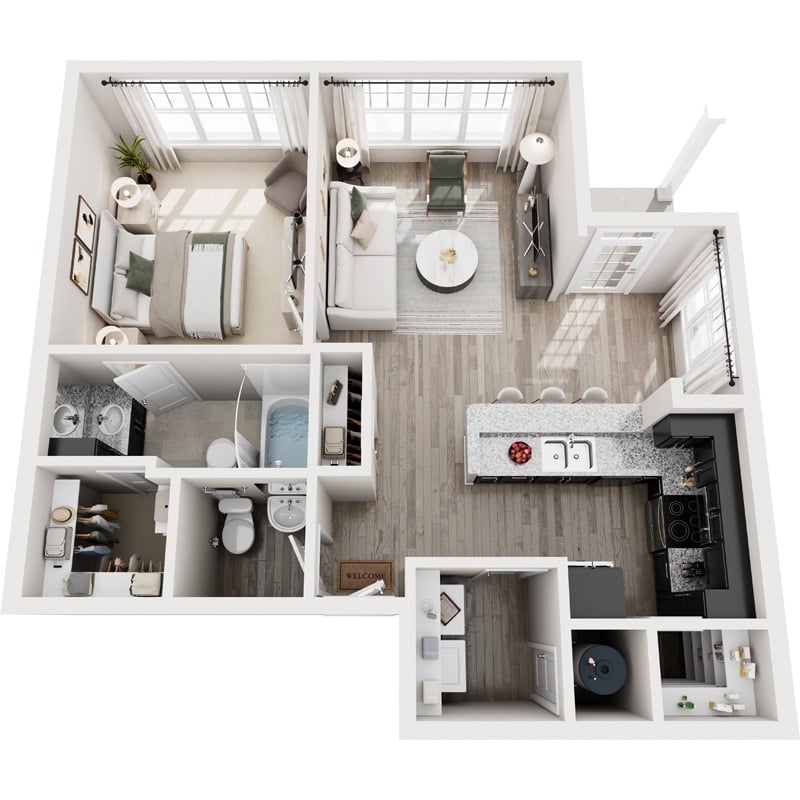 A top-down view of a modern apartment layout.