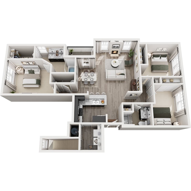 A detailed floor plan of a two-story apartment with a living room, kitchen, dining room, and multiple bedrooms.