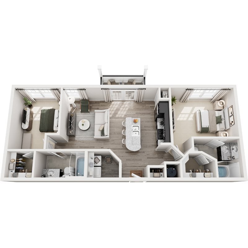 A top-down view of a modern, well-organized apartment layout.