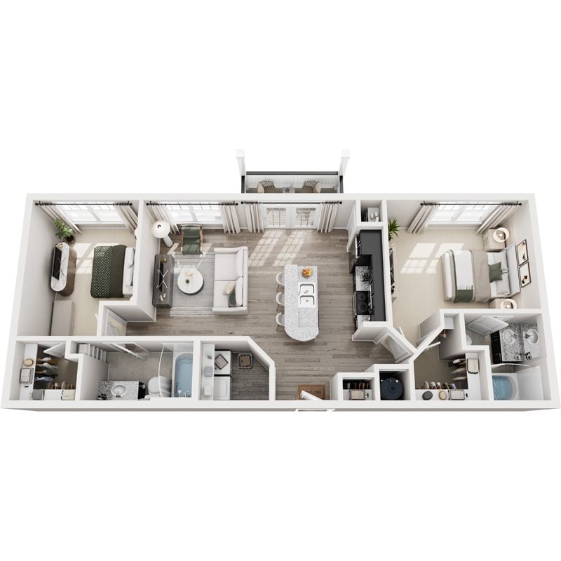 A top-down view of a modern, well-organized apartment layout.