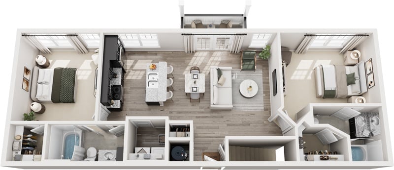 A top-down view of a modern, well-equipped kitchen and living room.