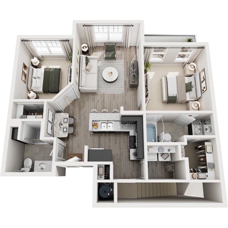 A top-down view of a modern apartment layout.