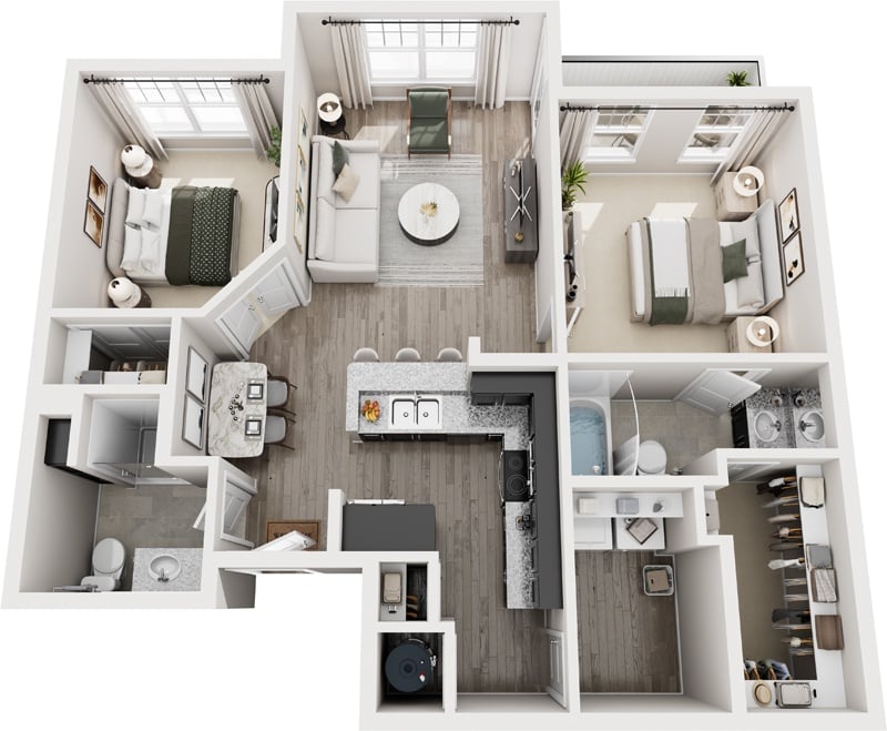 A top-down view of a modern apartment layout.