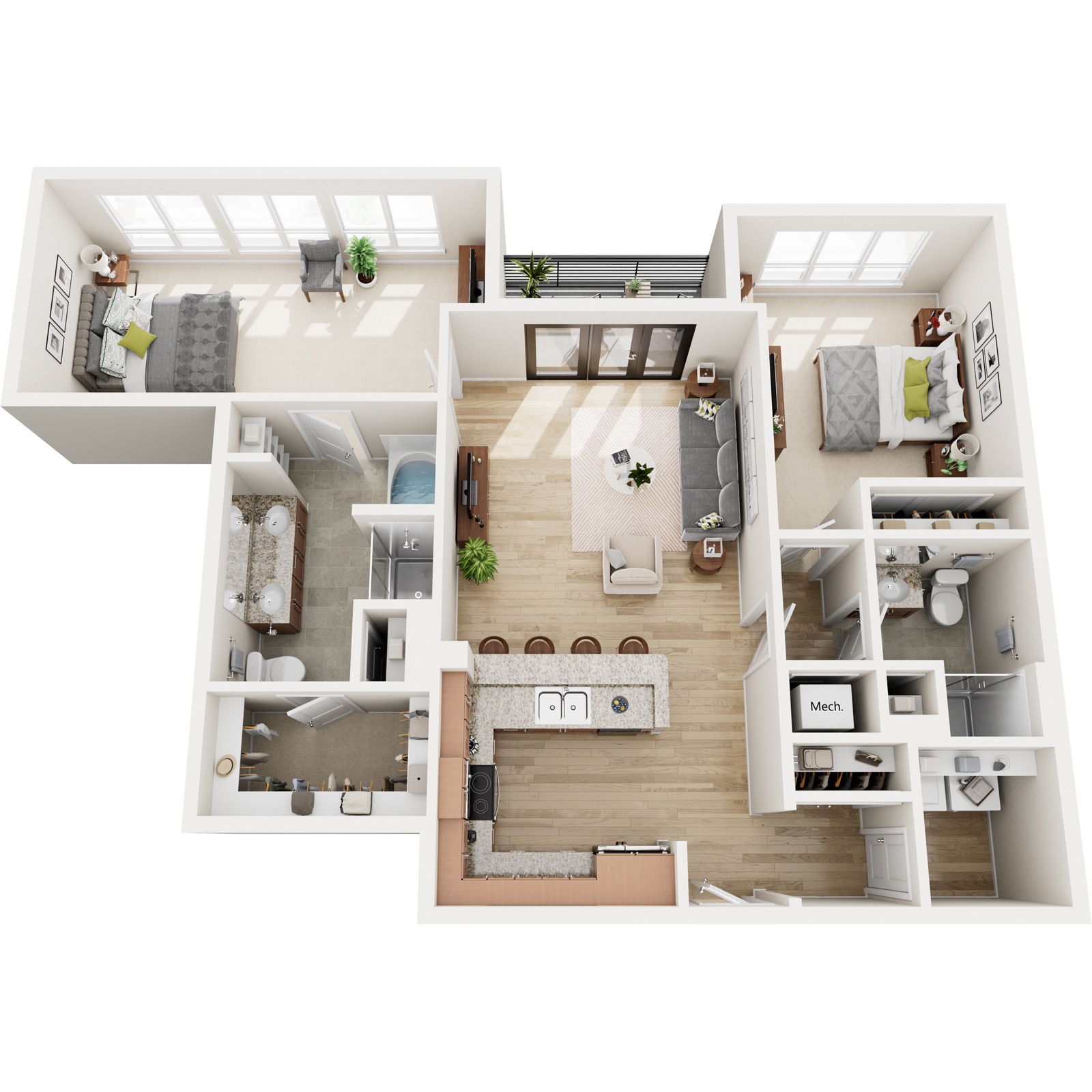 A top-down view of a two-story apartment layout with a living room, kitchen, dining area, and bedrooms.