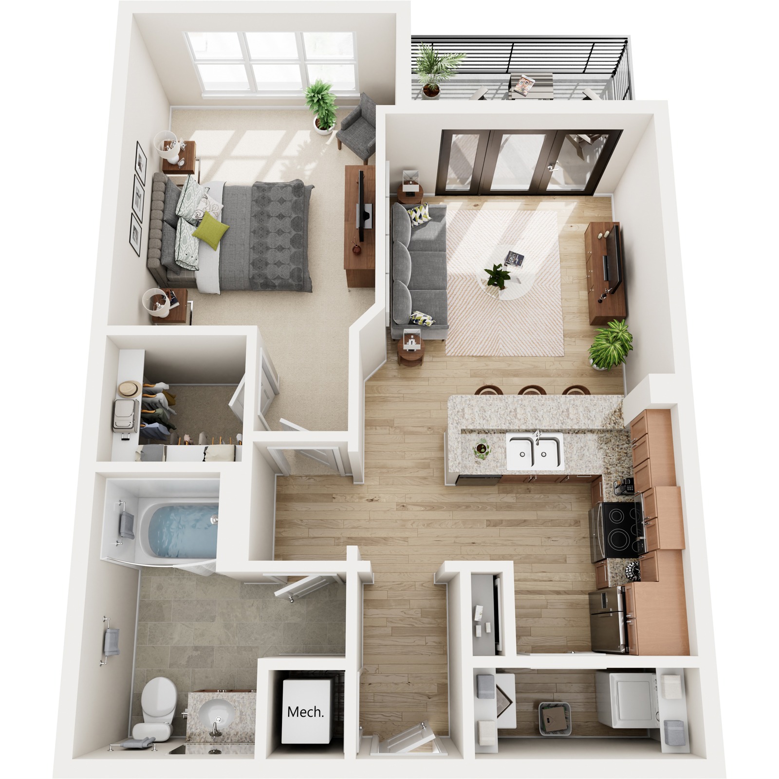 A top-down view of a small apartment with a kitchen, living room, and bathroom.