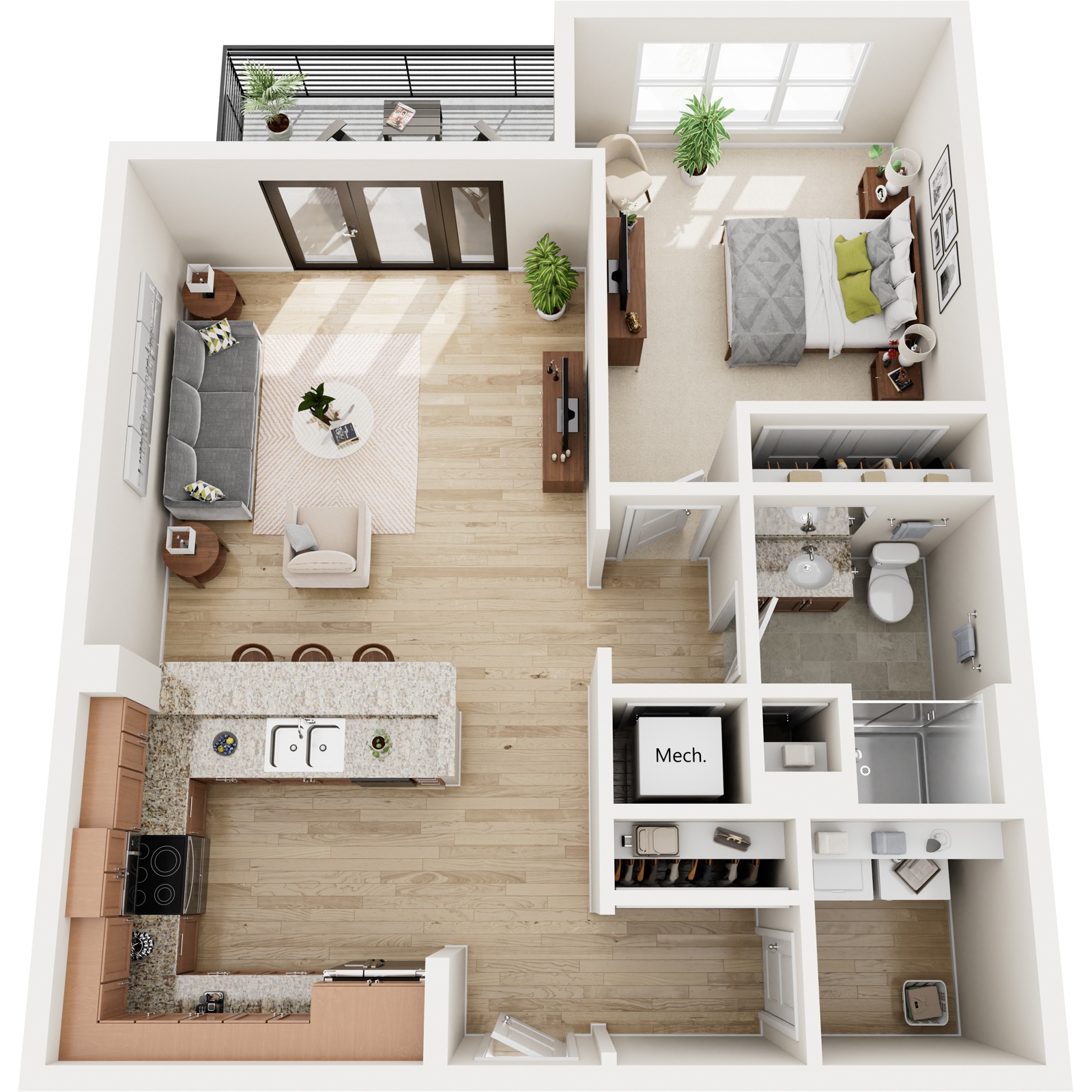 A top-down view of a modern apartment layout with a living room, kitchen, and bedrooms.